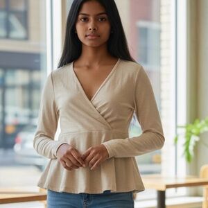 White Birch NWOT size S Cream faux wrap long sleeve v neck peplum‎ pullover top